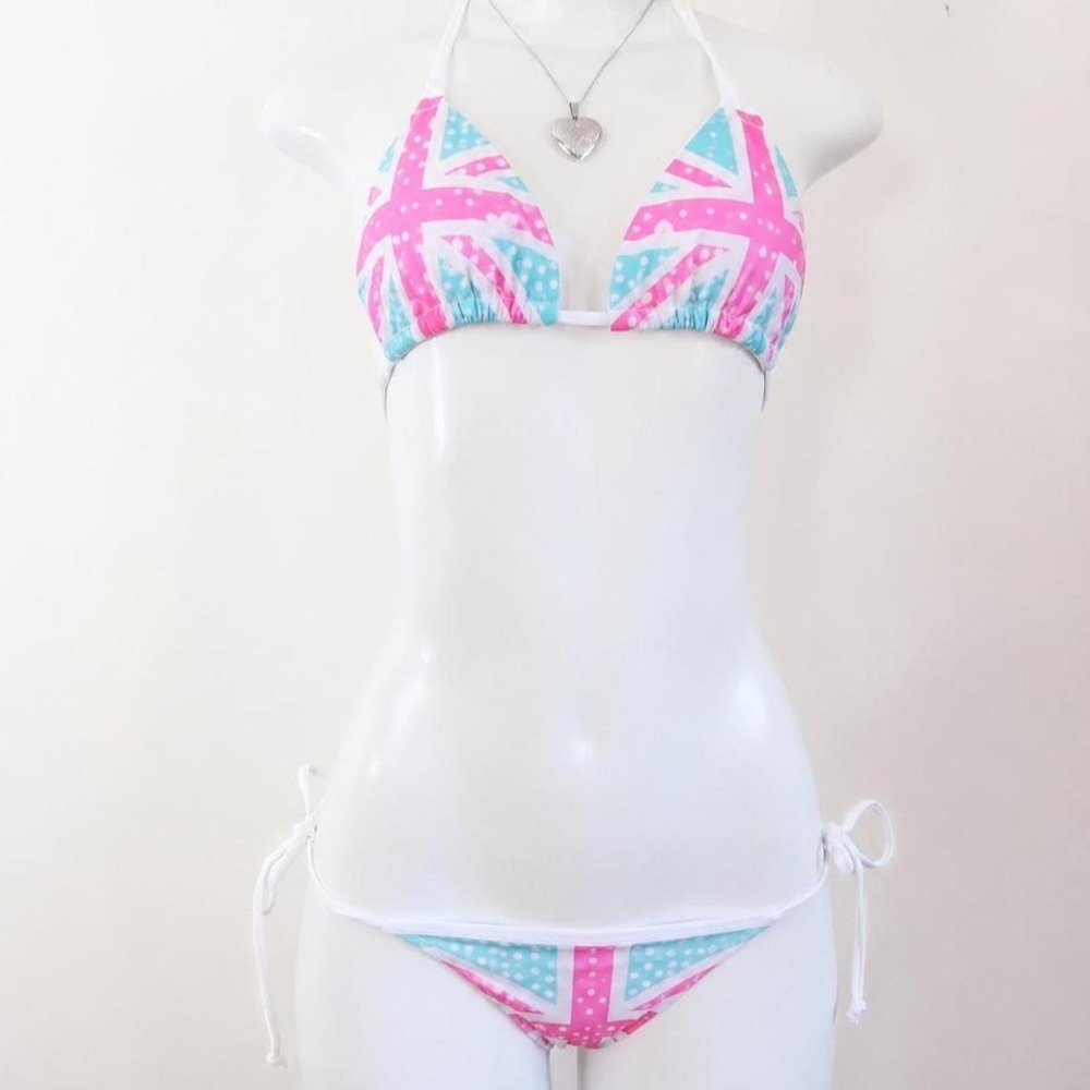 hot pink polka dot union jack bikini set y2k mcbling spice girls
